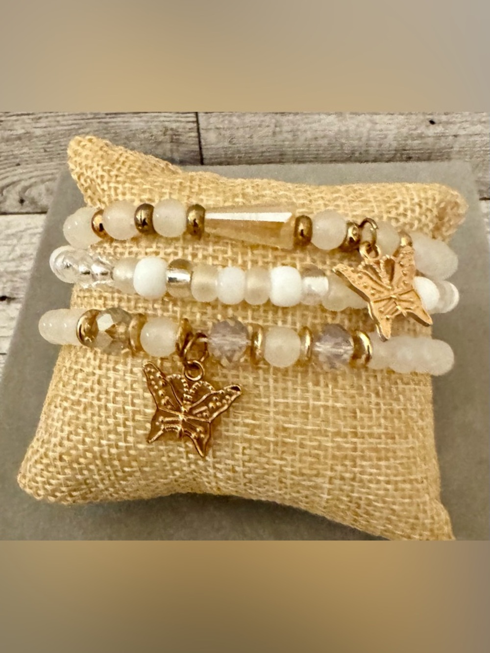 Gold and White Beaded Butterfly Charm Bracelet - Set of 3